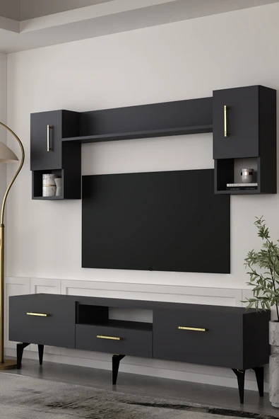 Dekortis Home Dekor 180DHDTÜÇ2AA EROS TV ÜNİTESİ TAKIMI ANTRASİT-ALTIN ürün görseli 1