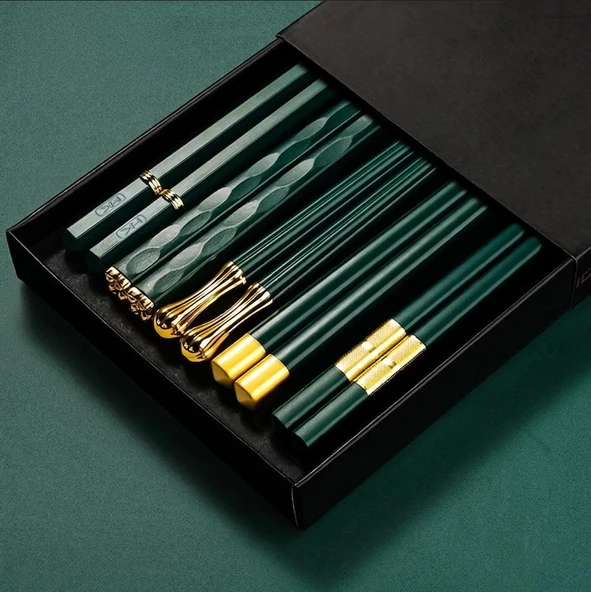 Valkyrie 5 Çift Yemek Çubuğu Seti 24,3 cm Japon Kore Sushi Chopsticks Lüks Altın Detaylı Yeşil ürün görseli 1