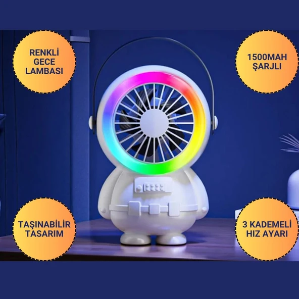 Polham 3 Kademeli Gece Lambalı 1500mAh Şarjlı Taşınabilir Serinletici Vantilatör Fan, Ultra Sessiz ürün görseli 1