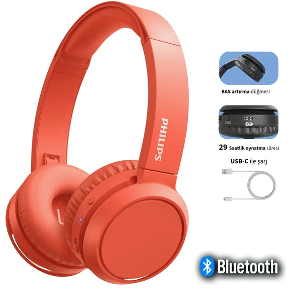 Philips Mikrofonlu Bluetooth 5.0 Kulak Üstü Kulaklık 29 Saat Pil Hızlı Şarj Katlanabilir Güçlü Bas Hafif Gövde Günlük Ofis Kırmızı TAH4205RD ürün görseli 1