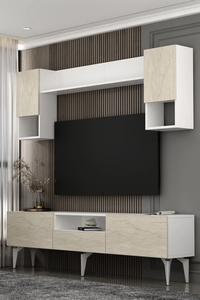 Dekortis Home Dekor 180DHDTÜÇ1BTG SADEM TV ÜNİTESİ TAKIMI BEYAZ-TRAVERTEN-GÜMÜŞ ürün görseli 1