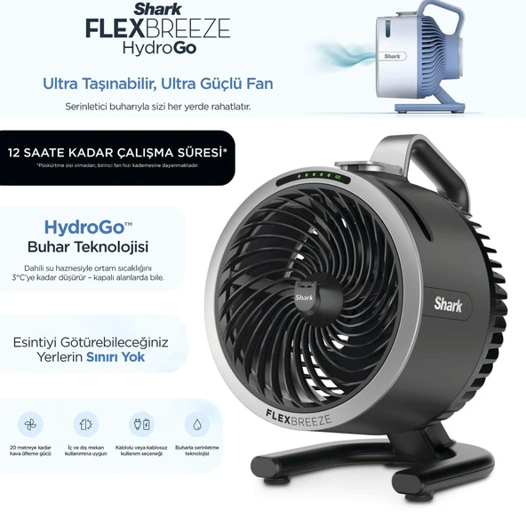 Shark Taşınabilir buharlı mini fan & vantilatör siyah, şarjlı kablosuz kullanım, 5 hız kademesi, 150 ml hazne, sessiz çalışma ve günlük kullanım için kompakt taşınabilir serinlik ürün görseli 1