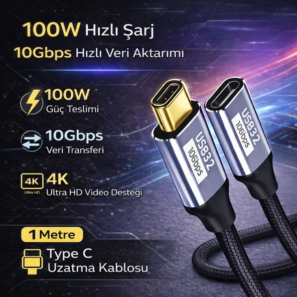 Polham 1MT 100W 5A 10Gbps Type C Uzatma Kablosu, Şarj, Data ve Görüntü Aktarmalı Çevirici Kablo ürün görseli 1