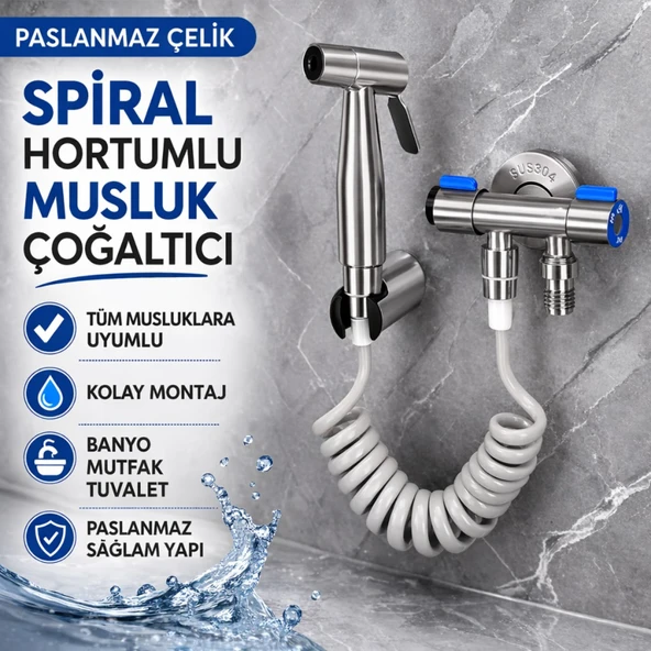 Polham Paslanmaz Çelik Spiral Hortumlu Musluk Çoğaltıcı – Çift Çıkışlı, Sprey Başlıklı, Banyo Tuvalet Lavabo Temizlik Seti ürün görseli 1