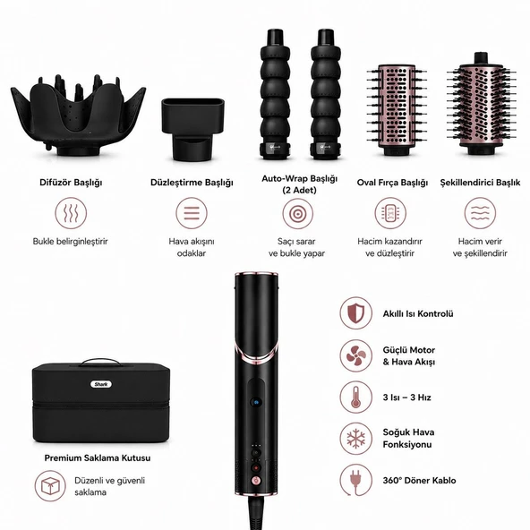 Shark FlexStyle 5-in-1 Siyah Çok Yönlü Fön Fırçası ve Kurutma Sistemi, 3 Isı 3 Hız Ayarı, Auto-Wrap ürün görseli 1