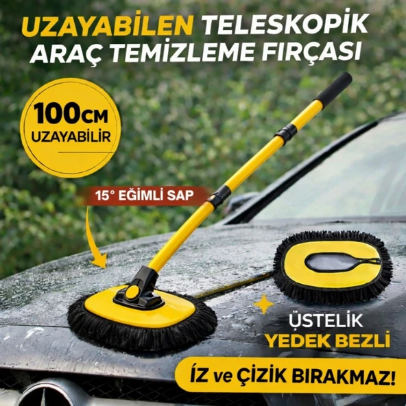 Polham Yedek Bezli 100CM Uzayabilen Teleskopik Saplı Kuru Islak Araç Temizleme Fırçası, İz ve Çizik Bırakmaz ürün görseli 1