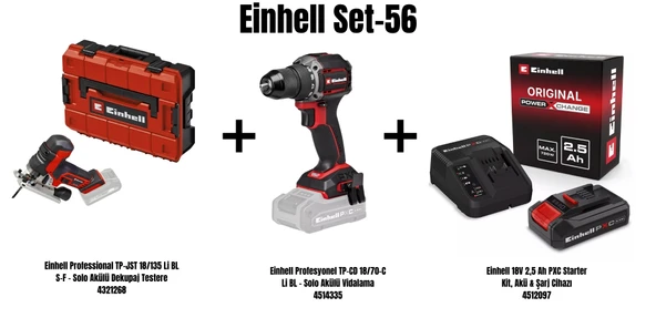 Einhell Set-56(Einhell Professional TP-JST 18/135 Li BL S-F Akülü Dekupaj Testere+Einhell Profesyonel TP-CD 18/70-C Li BL Akülü Vidalama+Einhell 18V 2,5 Ah PXC Starter Kit, Akü & Şarj Cihazı ) ürün görseli 1
