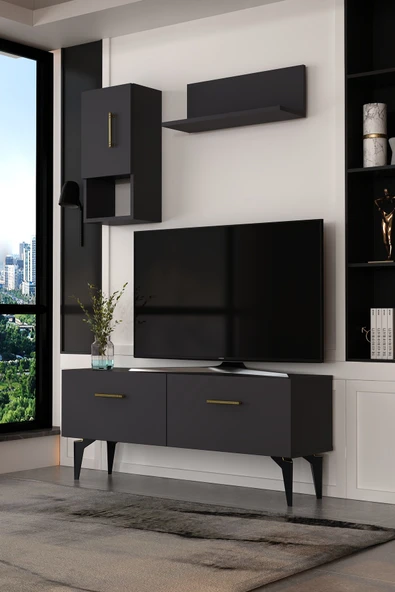 Dekortis Home Dekor 120DHDTDR2AA EROS RAFLI TV SEHPASI,ÜNİTESİ ANTRASİT-ALTIN ürün görseli 1
