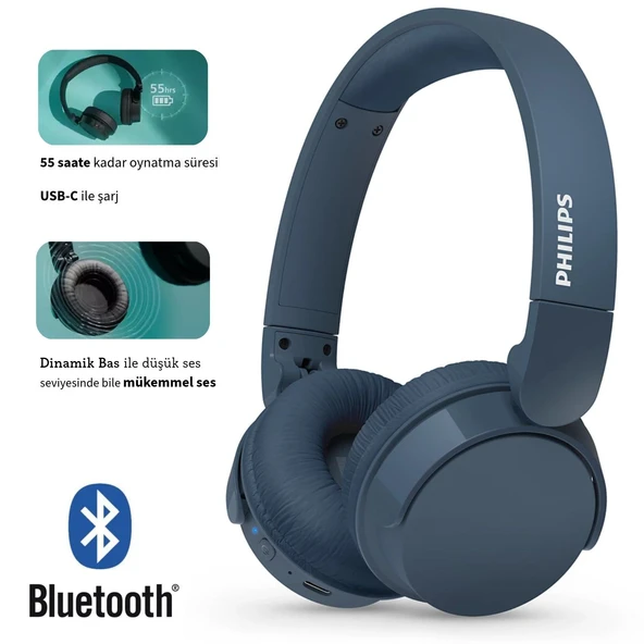 Philips Bluetooth 5.3 Mikrofonlu Kulak Üstü Kulaklık 55 Saat Uzun Pil Katlanabilir Güçlü Bas Hafif Gövde Günlük Ofis Mavi TAH4209BL ürün görseli 1
