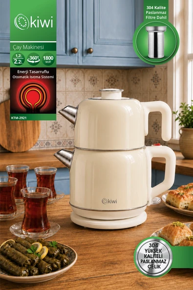 KTM-2921 Paslanmaz Çelik Çay Makinesi | 1800W & 2.2 L Su Isıtıcı & 1.2 L Demlik & 90°C Sıcak Tutma - Krem ürün görseli 1