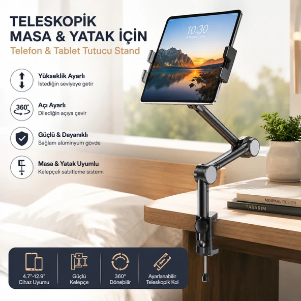 Polham Teleskopik Masaüstü ve Yatak Bazası için Telefon ve Tablet Tutucu Stand, Yükseklik ve Açı Ayarlı Tablet Tutucu ürün görseli 1
