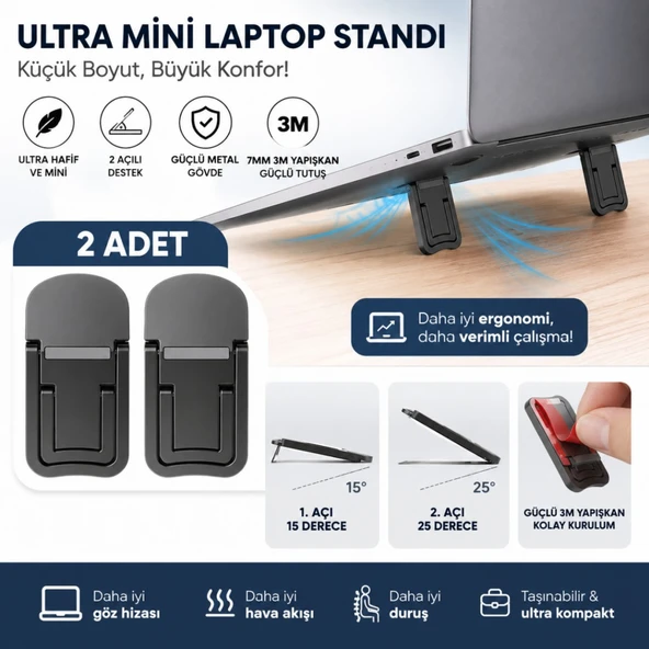 Polham Metal 2 adet 7MM 3M Yapışkanlı Katlanabilir Ultra Mini Laptop Standı,2 Açılı Laptop Yükseltici ürün görseli 1