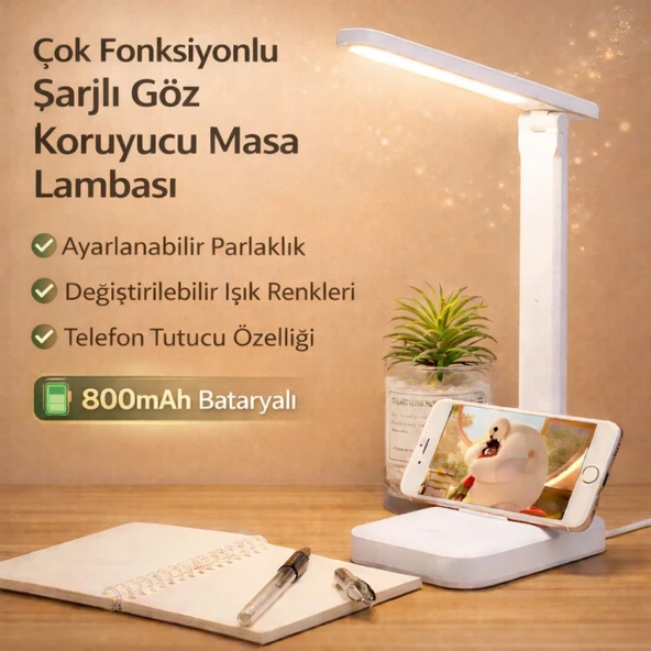 Polham Şarjlı Katlanabilir LED Masa Lambası | 3 Işık Modu | Göz Koruyucu | 800mAh | Telefon Tutuculu ürün görseli 1