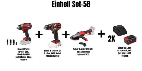 Einhell Set-58(18/450 Kömürsüz Akülü Darbeli Somun Sıkma+18/50 Li-i BL Akülü Darbeli Vidalama+18/125 F Li BL Akülü Avuç Taşlama+2x18V 4,0 Ah PXC Starter Kit, Akü & Şarj Cihazı) ürün görseli 1