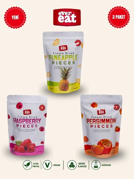 Evereat Ananas-Frambuaz-Cennet Hurması Freeze Dry Meyve Cipsi 3'lü Paket Doğal Atıştırmalık ürün görseli 1