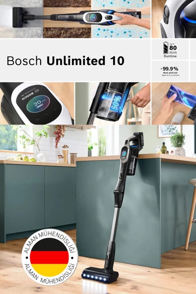 Bosch Unlimited 10 Dijital TurboSpinMotor Çift bataryalı Son Seri BCS104 Şarjlı Dikey Süpürge ürün görseli 1