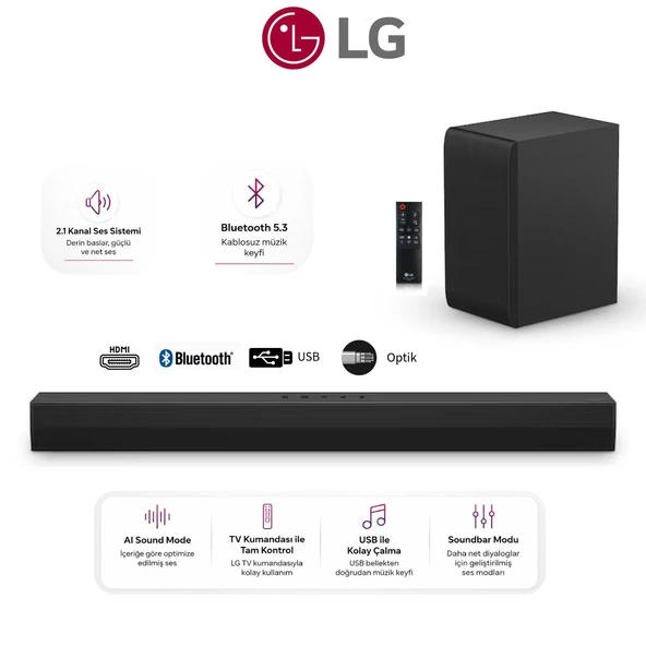 LG 2.1 Kanal Akustik ve Net Ses Kalitesi AI Sound Pro 300W Soundbar & Ev Sienama Sistemi Bluetooth5.3+HDMI ARC+Optik +USB Bağlantı ürün görseli 1