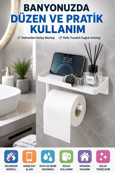 Beyaz Yapışkanlı Raflı Tuvalet Kağıdı Askılığı Delmeden Montaj Banyo Organizer Telefon Rafı Askısı ürün görseli 1