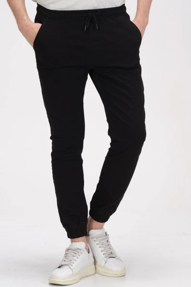 Erkek Slim Fit Paçası ve Beli Lastikli Pamuklu Jogger Pantolon - Resim 5