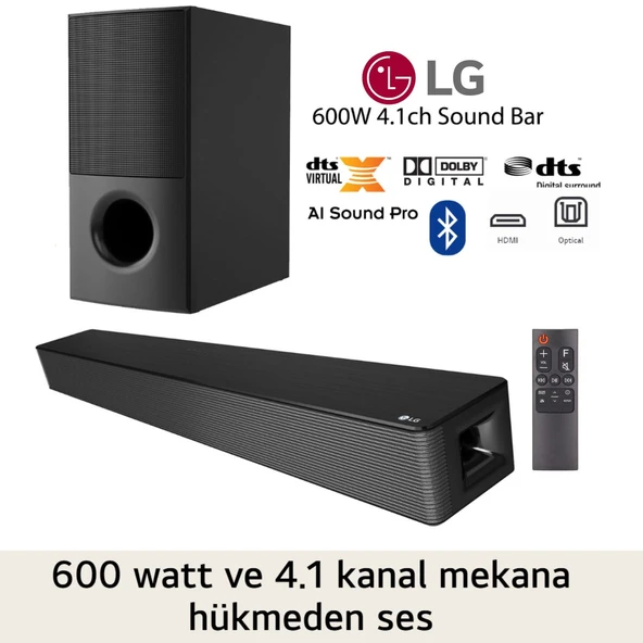 LG Kablosuz Bluetooth +HDMI + OPTİK Bağlantı 4.1 kanal siyah, 600 W güçlü ses, Bluetooth Yüksek Ses Gerçek Soundbar Ve Ses Sistemi ürün görseli 1