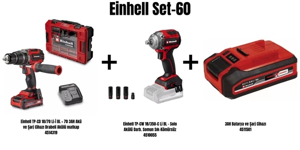 Einhell Set-60(Einhell TP-CD 18/70 Li-İ BL Drabeli Akülü matkap+Einhell TP-CW 18/350-C Li BL Akülü Darb. Somun Sık-Kömürsüz+3AH Batarya ve Şarj Cihazı) ürün görseli 1