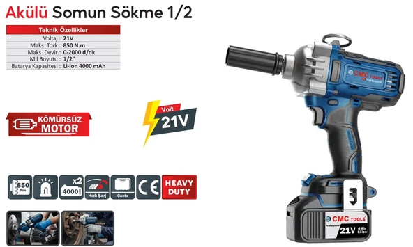 CMC3921 Akülü Somun Sıkma Makinesi 21v 850 Nm Tork 1/2 ürün görseli 1