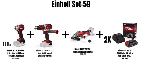 Einhell Set-59(18/350-C Li BL Akülü Darb. Somun Sık-Kömürsüz+18/48 Li-i Akülü Darbeli Vidalama+18/115 Q Akülü Avuç Taşlama+2x18V 2,5 Ah PXC Starter Kit, Akü & Şarj Cihazı) ürün görseli 1