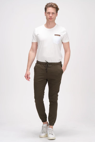 Erkek Slim Fit Paçası ve Beli Lastikli Pamuklu Jogger Pantolon - Resim 9