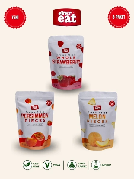 Evereat Çilek-Cennet Hurması-Kavun Freeze Dry Meyve Cipsi 3'lü Paket Doğal Atıştırmalık ürün görseli 1