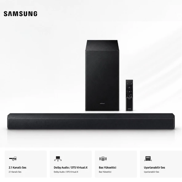 Samsung 300W Akustik Güçlü Ses özelliğine Sahip Soundbar & Ev Sinema Sistemi, 2.1 kanal çevresel ses, DTS desteği, hızlı bağlantı ve modern ürün görseli 1