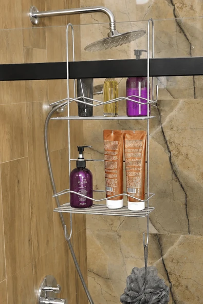 Parlak Silver Duşakabin Askılı 2 Katlı Banyo Rafı Şampuanlık Düzenleyici Metal Askılık ürün görseli 1