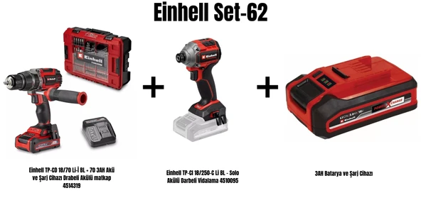 Einhell Set-62(Einhell TP-CD 18/70 Li-İ BL Drabeli Akülü matkap+Einhell TP-CI 18/250-C Li BL Akülü Darbeli Vidalama+3AH Batarya ve Şarj Cihazı) ürün görseli 1