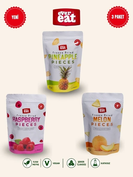 Evereat Ananas-Frambuaz-Kavun 3'lü Freeze Dry Meyve Cipsi Seti Doğal Atıştırmalık ürün görseli 1