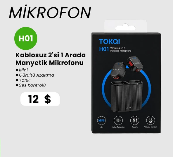 Kablosuz Manyetik Mini Mikrofon 2'si 1 Arada Gürültü Azaltma ve Yankı Efekti ürün görseli 1