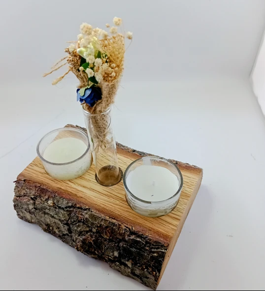 Woodile El Yapımı Masif Meşe Şamdan - Cam Tüp Kuru Çiçek Detaylı Dekoratif Obje ürün görseli 1