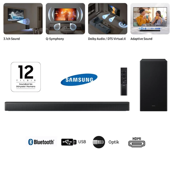 Samsung Yapay zeka teknolojisi Q-Symphony 3.1 kanal, 370W Yüksek Güç Net Ses, Bass Boost, Surround Sound Expansion, Game, Adaptive Sound, DTS Virtual:X, Standard SOUNDBAR & EV SİNEMA SİSTEMİ ürün görseli 1