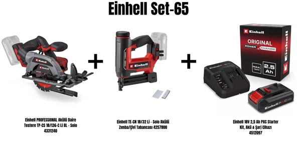 Einhell Set-65(Einhell PROFESSIONAL Akülü Daire Testere TP-CS 18/136-C Li BL+Einhell TE-CN 18/32 Li Akülü Zımba/Çivi Tabancası+Einhell 18V 2,5 Ah PXC Starter Kit, Akü & Şarj Cihazı) ürün görseli 1