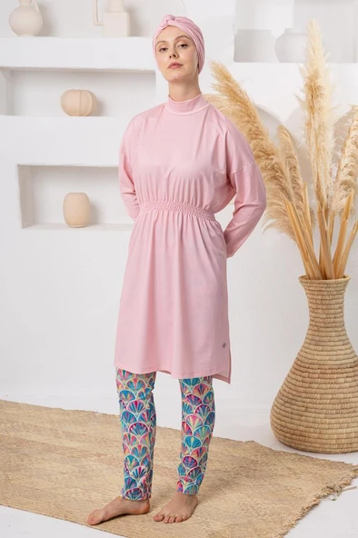 Adasea 261118  Pembe Pafilya Spor Lycra Pareolu  Uzun Kollu Tesettür Mayo ürün görseli 1
