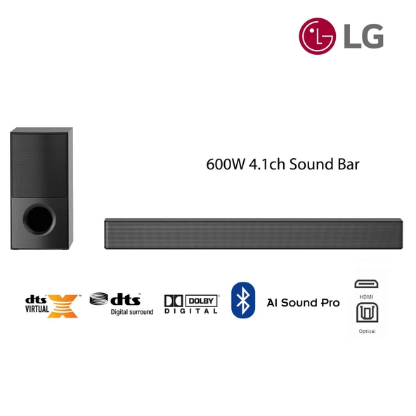 LG Yüksek Ve Net Ses Kalitesi Kablosuz 4.1 kanal siyah soundbar, 600 W güçlü ses, Bluetooth +HDMI + OPTİK Bağlantı ürün görseli 1