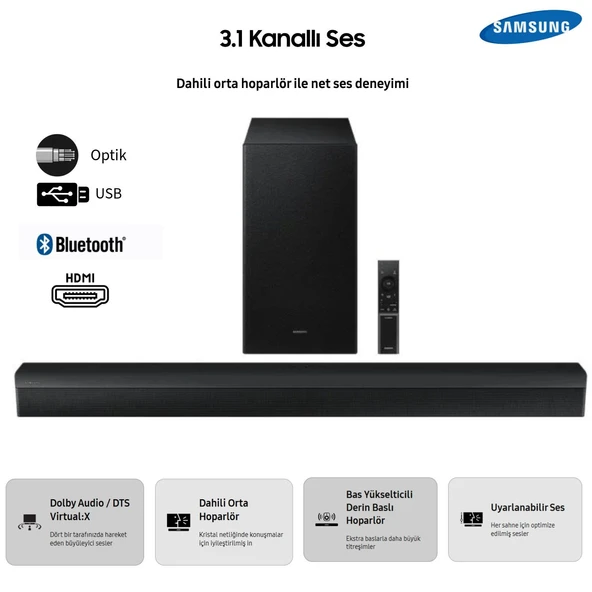 Samsung Soundbar ve Ev Sinema Sistemi 3.1 kanal 370W Yüksek Güç Net Ses, Bass Boost, Surround Sound Expansion, Game, Adaptive Sound, DTS Virtual:X ürün görseli 1