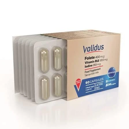 Validus Folat Qatrefolic 400 mcg + Vitamin B12 + Vitamin B6 + Iodine 60 Kapsül ürün görseli 1