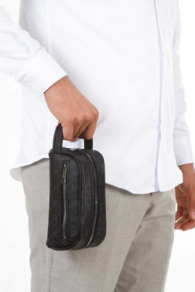 NP- 2213 Mini Erkek Vegan Deri Portföy Clutch Traş Kozmetik Bakım ve Günlük El Çantası BASKILI SİYAH ürün görseli 1