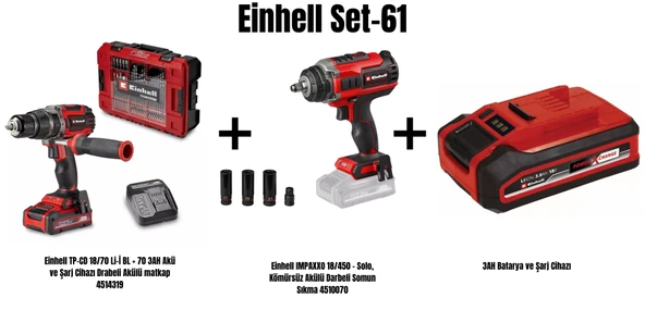 Einhell Set-61(Einhell TP-CD 18/70 Li-İ BL Drabeli Akülü matkap+Einhell IMPAXXO 18/450 Kömürsüz Akülü Darbeli Somun Sıkma+3AH Batarya ve Şarj Cihazı) ürün görseli 1