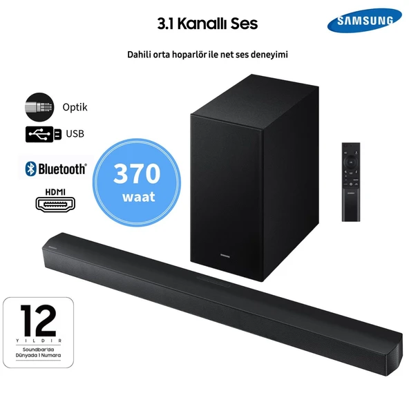Samsung 370 Waat Soundbar &Ev sinema Sistemi 3.1 kanal yapı, 3D çevresel ses ve dahili orta hoparlör +Yapay zeka teknolojisi Q-Symphony,Dolby Audio / DTS Virtual:X ürün görseli 1