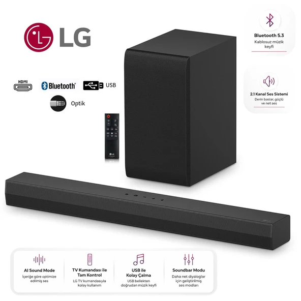 LG 300W Soundbar & Ev Sienama Sistemi 2.1 kanal çevresel ses, Dolby Audio 2.1 Kanallı Mükemmel Ses Bluetooth 5.3+HDMI ARC+Optik +USB Bağlantı ürün görseli 1