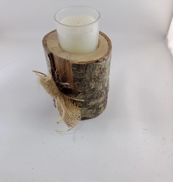 Woodile Doğal Meşe Ağacı Tekli Kütük Mumluk - Hasır Fiyonklu Cam Bardak Mum ürün görseli 1