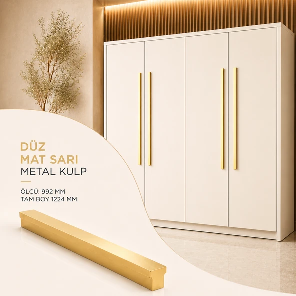 Özen 992 mm Tam Boy 1224 mm Düz Mat Sarı Mobilya Kulpu Uzun Çekmece Dolap Kapak Kulp Metal Kulbu ürün görseli 1