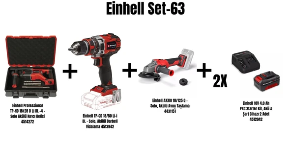 Einhell Set-63(18/28 D Li BL Akülü Kırıcı Delici+ TP-CD 18/50 Li-i BL Akülü Darbeli Vidalama+ AXXIO 18/125 Q Akülü Avuç Taşlama+2xEinhell 18V 4,0 Ah PXC Starter Kit, Akü & Şarj Cihazı) ürün görseli 1