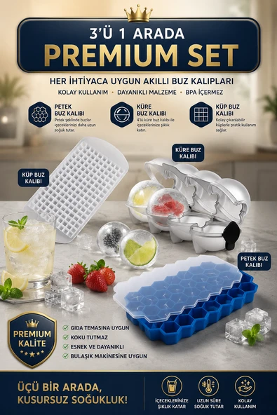 3lü  bu kalıbı premium set petek buz kalıbı küre buz kalıbı küp buz kalıbı ürün görseli 1