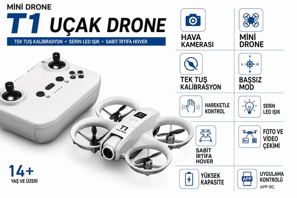 T1 MİNİ 1080 FULL HD KAMERALI 360 DERECE  DÖNÜŞLÜ DRONE LED IŞIKLI 4 PERVANELİ DRON SABİT İRTİFA ürün görseli 1